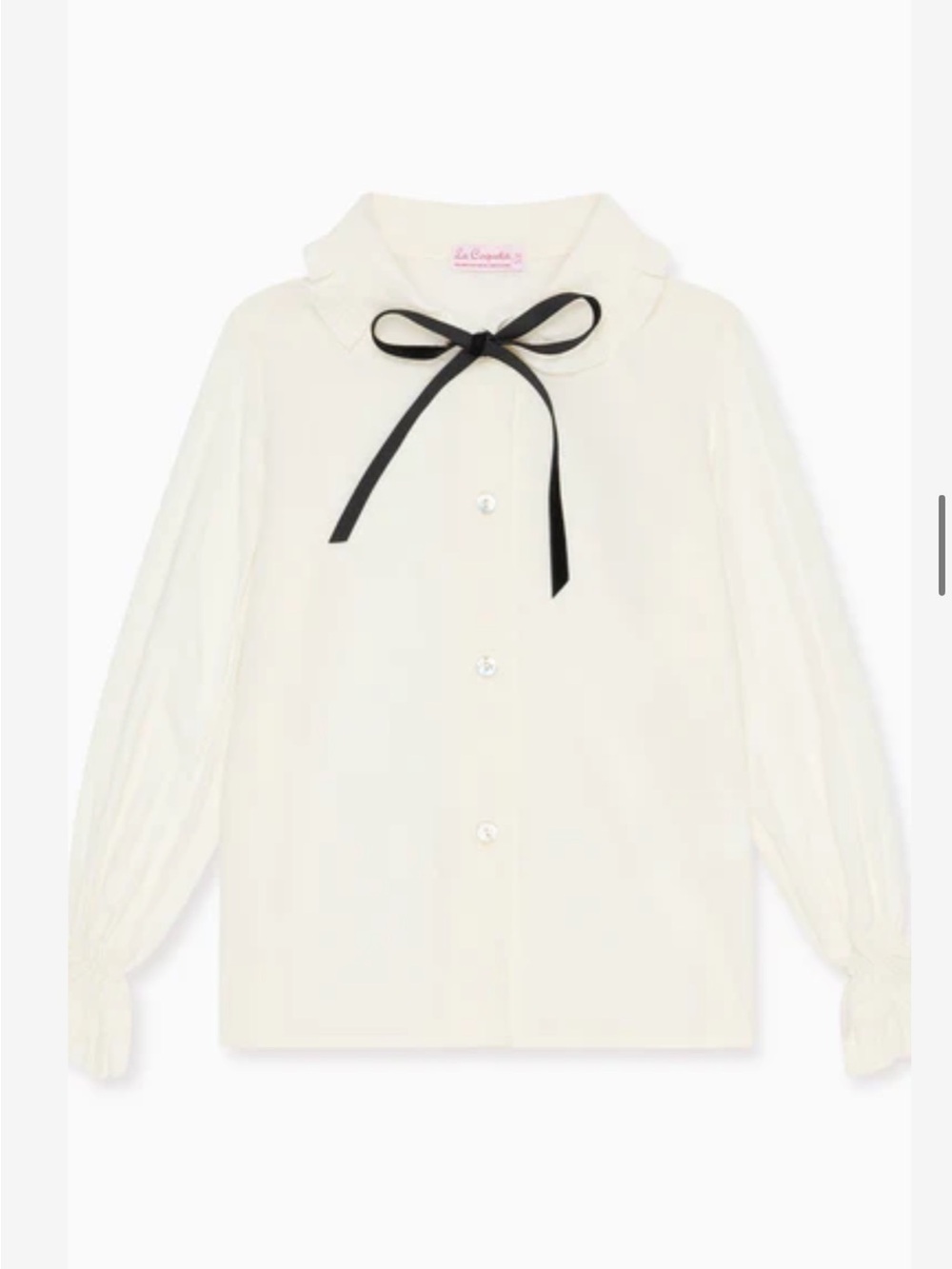 La Compagnie Girls' Cream Ruffle Collar Blouse with Black Ribbon